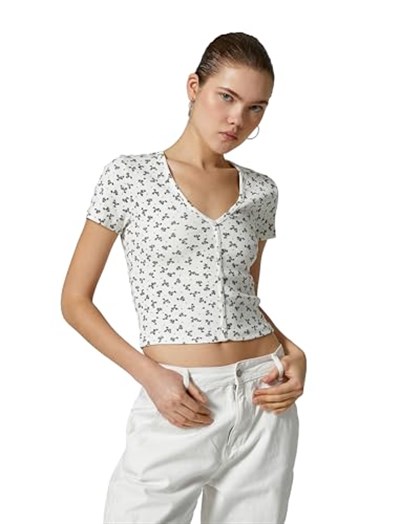 Crop Çiçekli Tişört Düğmeli V Yaka Ribanalı Slim Fit Kısa Kollu Pamuklu