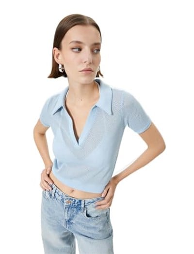 Crop File Tişört Polo Yaka Kısa Kollu
