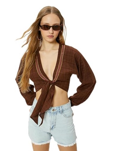Crop Kimono Önden Bağlamalı Slim Fit Uzun Kollu