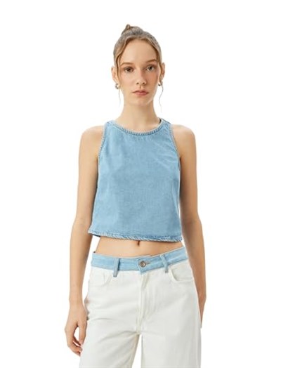 Crop Kolsuz Sırt Detaylı Bisiklet Yaka Denim Atlet