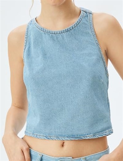 Crop Kolsuz Sırt Detaylı Bisiklet Yaka Denim Atlet