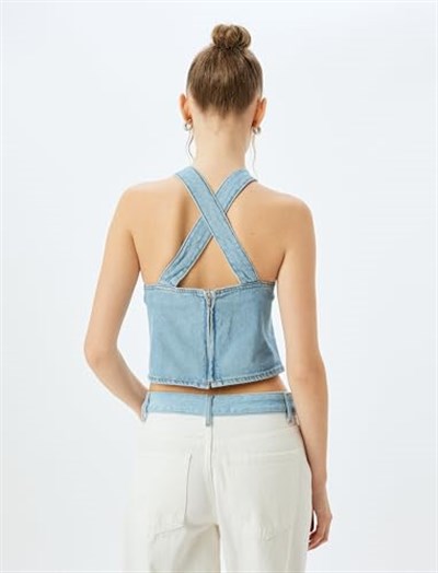Crop Kolsuz Sırt Detaylı Bisiklet Yaka Denim Atlet