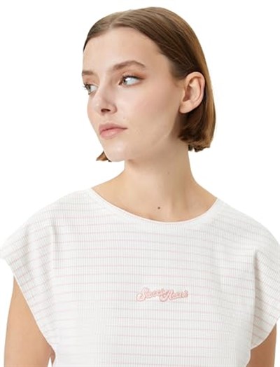 Crop Pijama Üstü Kısa Kollu Bisiklet Yaka Nakışlı Fitilli Viskon Karışımlı