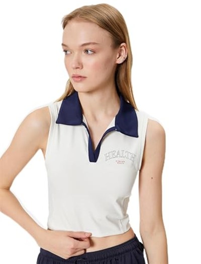 Crop Spor Atlet Slogan Baskılı Polo Yaka Kolsuz Slim Fit