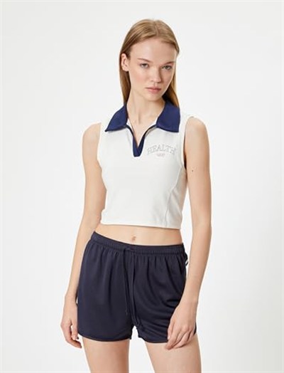 Crop Spor Atlet Slogan Baskılı Polo Yaka Kolsuz Slim Fit