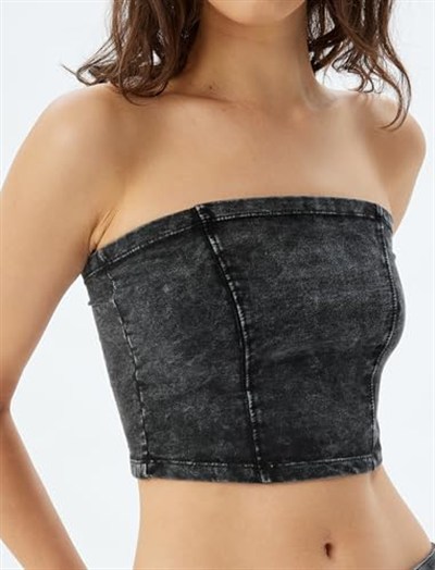 Crop Straplez Büstiyer Soluk Efektli Pamuklu Slim Fit