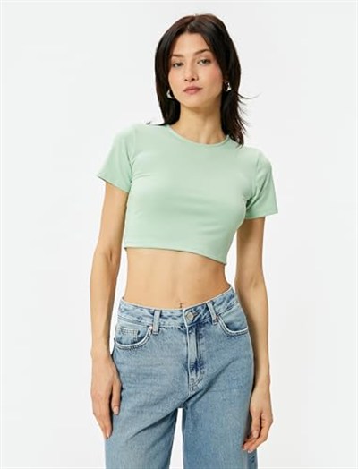 Crop Tişört Bisiklet Yaka Kısa Kollu Slim Fit