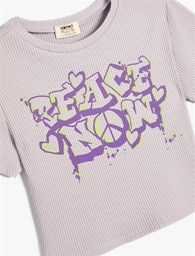 Crop Tişört Grafiti Baskılı Kısa Kollu Bisiklet Yaka Dokulu Pamuklu