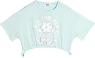 Crop Tişört Kısa Kollu Bisiklet Yaka Slogan Baskılı Pamuklu