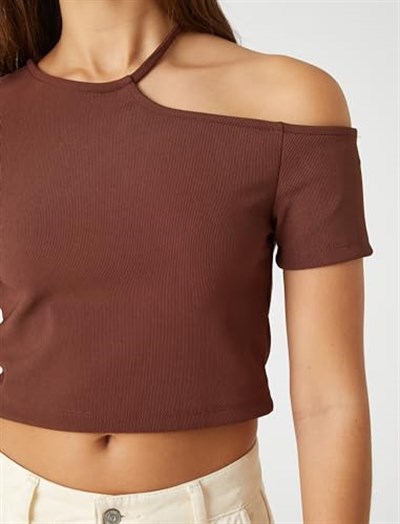 Crop Tişört Kısa Kollu Pencere Detaylı Bisiklet Yaka