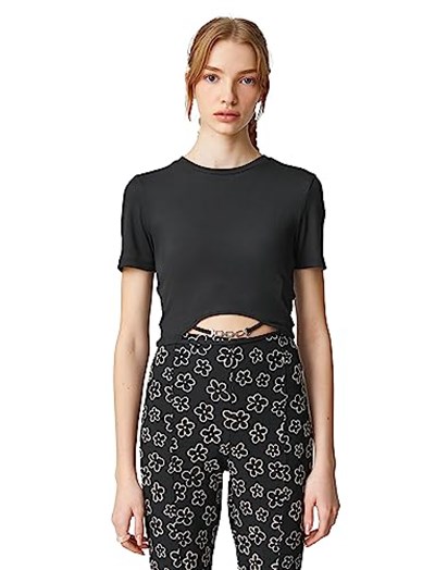 Crop Tshirt Kısa Kollu Bisiklet Yaka Metal Aksesuarlı