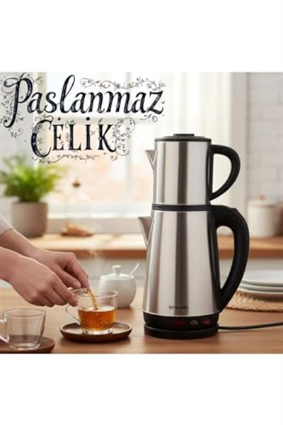 Crwn Elektrikli Çay Makinesi Çelik Çaydanlık Takımı Su Isıtıcı Türk Çayı 1800W