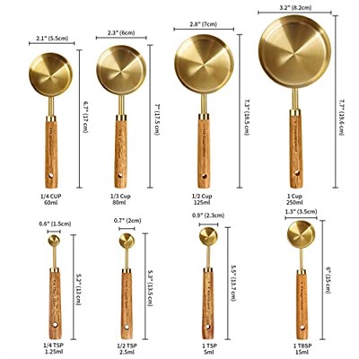 Cuteefun Ölçüm kabı ve ölçüm tüpü, 8 adet, ahşap sap, metrik ve ABD ölçülerinde, birinci sınıf paslanmaz çelik, altın cilalı, kuru ve sıvı ölçüm kabı, pişirme ve pişirme için