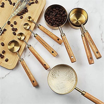 Cuteefun Ölçüm kabı ve ölçüm tüpü, 8 adet, ahşap sap, metrik ve ABD ölçülerinde, birinci sınıf paslanmaz çelik, altın cilalı, kuru ve sıvı ölçüm kabı, pişirme ve pişirme için