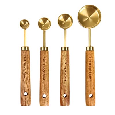Cuteefun Ölçüm kabı ve ölçüm tüpü, 8 adet, ahşap sap, metrik ve ABD ölçülerinde, birinci sınıf paslanmaz çelik, altın cilalı, kuru ve sıvı ölçüm kabı, pişirme ve pişirme için