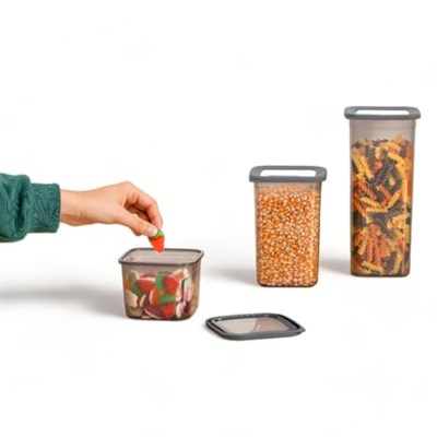 Deconox 12li 3 Boy Set Sızdırmaz Kapaklı Kare Erzak Saklama Kabı 650Ml - 1300Ml - 1900Ml Kare Erzak Saklama Kabı Antrasit (768)