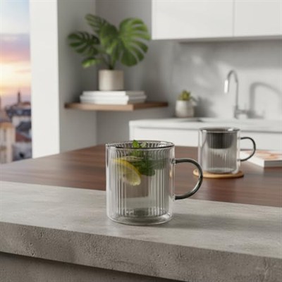 Deconox 250 ml Çift Cidarlı Borosilikat Cam Kupa - Antrasit Detaylı, Dikey Çizgili Isıya Dayanıklı Kahve ve Çay Bardağı