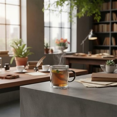 Deconox 250 ml Çift Cidarlı Borosilikat Cam Kupa - Antrasit Detaylı, Dikey Çizgili Isıya Dayanıklı Kahve ve Çay Bardağı
