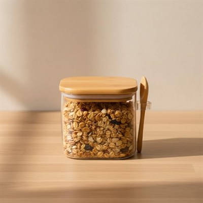 Deconox 600 ml Bambu Kapaklı ve Kaşıklı Kare Cam Kavanoz, Vakumlu Ahşap Kapaklı Baharatlık, Kendinden Kaşık Yuvalı Şeker, Kahve ve Banyo Tuzu Saklama Kabı