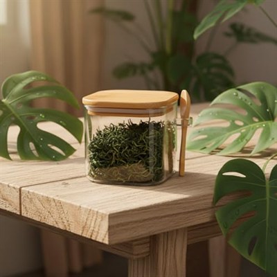 Deconox 600 ml Bambu Kapaklı ve Kaşıklı Kare Cam Kavanoz, Vakumlu Ahşap Kapaklı Baharatlık, Kendinden Kaşık Yuvalı Şeker, Kahve ve Banyo Tuzu Saklama Kabı