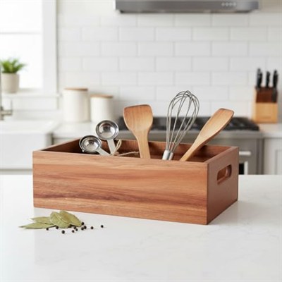 Deconox Akasya Ağacı Ekmeklik & Çok Amaçlı Organizer Kutu – 25x14x8 cm El Yapımı Doğal Ahşap Servis Tepsisi | Mutfak, Banyo, Ofis ve Ev Düzenleyici Kutu | Kulplu Dekoratif Ahşap Kutu