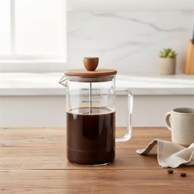 Deconox Akasya Ahşap Kapaklı Borosilikat Cam French Press - Ölçü Çizgili Kahve ve Çay Demliği (350ml ve 600ml Boy Seçenekli) (600ML)