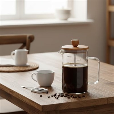 Deconox Akasya Ahşap Kapaklı Borosilikat Cam French Press - Ölçü Çizgili Kahve ve Çay Demliği (350ml ve 600ml Boy Seçenekli) (600ML)