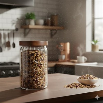 Deconox Akasya Kapaklı Çizgili Cam Kavanoz (750 ml) | Hava Geçirmez, Modern Fitilli Tasarım Gıda Saklama Kabı | Bakliyat, Kahve, Çay ve Kuruyemiş Kavanozu (9x15 cm)