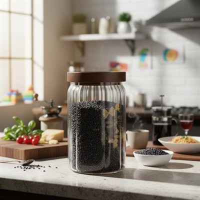 Deconox Akasya Kapaklı Çizgili Cam Kavanoz (750 ml) | Hava Geçirmez, Modern Fitilli Tasarım Gıda Saklama Kabı | Bakliyat, Kahve, Çay ve Kuruyemiş Kavanozu (9x15 cm)