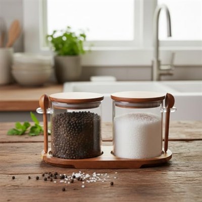 Deconox Akasya Standlı Kapaklı Kaşıklı 2li Cam Baharat ve Tuzluk Seti | Hava Geçirmez Doğal Ahşap Kapaklı Baharatlık | Modern Masaüstü Tuzluk Biberlik Seti | Kahve, Şeker, Bitki Kavanozu