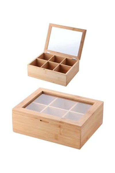 Deconox Bambu 6 Bölmeli Çay Kutusu -%100 Orjinal Bambu Mıknatıslı Kapak 21x16,5 x7cm