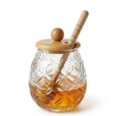Deconox Bambu Kapaklı Cam Bal Kavanozu – 350ml | Kaşıklı & Şık Sunum Kavanozu | Doğal Ahşap Kapaklı Cam Bal Saklama Kabı