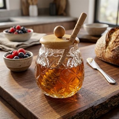 Deconox Bambu Kapaklı Cam Bal Kavanozu – 350ml | Kaşıklı & Şık Sunum Kavanozu | Doğal Ahşap Kapaklı Cam Bal Saklama Kabı