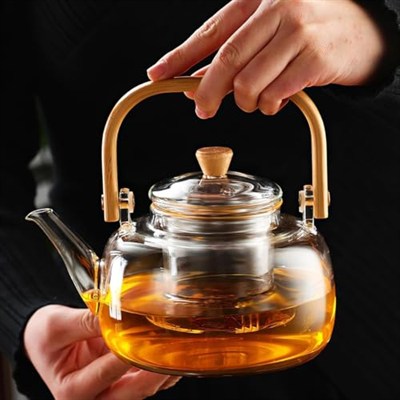 Deconox Bambu Saplı Isıya Dayanıklı Borosilikat Cam Süzgeçli Demlik 1000ml, Isıya Dayanıklı Cam Bitki Çayı Demliği 1000ml