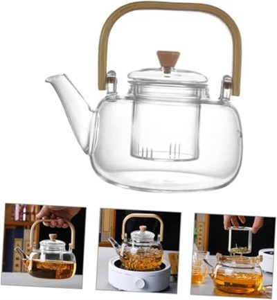 Deconox Bambu Saplı Isıya Dayanıklı Borosilikat Cam Süzgeçli Demlik 1000ml, Isıya Dayanıklı Cam Bitki Çayı Demliği 1000ml