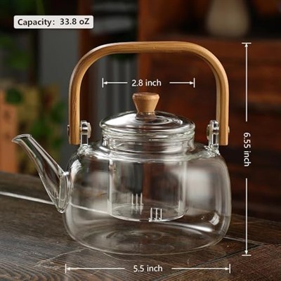 Deconox Bambu Saplı Isıya Dayanıklı Borosilikat Cam Süzgeçli Demlik 1000ml, Isıya Dayanıklı Cam Bitki Çayı Demliği 1000ml