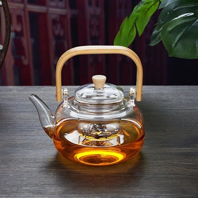 Deconox Bambu Saplı Isıya Dayanıklı Borosilikat Cam Süzgeçli Demlik 1000ml, Isıya Dayanıklı Cam Bitki Çayı Demliği 1000ml