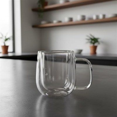 Deconox Çift Cidarlı (Double Wall) Kulplu Cam Kupa - 250 ml Isıya Dayanıklı Borosilikat Çay ve Kahve Kupası - El Yakmayan Modern Tasarım Mug
