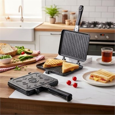 Deconox Çift Taraflı Ocak Üstü Döküm Tost Makinesi, Granit Efektli Yanmaz Yapışmaz Sandviç ve Tost Tavası - Hamburger, Omlet ve Aperatifler İçin İdeal | Ergonomik Saplı Kolay Temizlenebilir Grill Tava