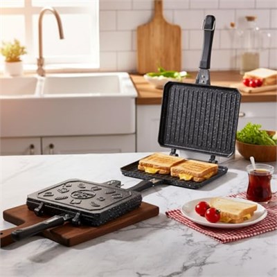 Deconox Çift Taraflı Ocak Üstü Döküm Tost Makinesi, Granit Efektli Yanmaz Yapışmaz Sandviç ve Tost Tavası - Hamburger, Omlet ve Aperatifler İçin İdeal | Ergonomik Saplı Kolay Temizlenebilir Grill Tava
