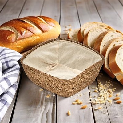 Deconox El Yapımı Hasır İçi Bezli Kare Ekmeklik ve Dekoratif Kare Hasır Sepet, Hasır İçi Bezli Ekmek Sepeti Kare (20cm*20cm*8cm)