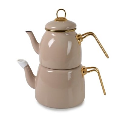 Deconox İçten Kaplamalı Emaye Çaydanlık Takımı - Gold Detaylı Nostaljik Alt Üst Çay Seti (1.2 Litre + 2 Litre) - 3 Renk Seçeneği (BEJ)