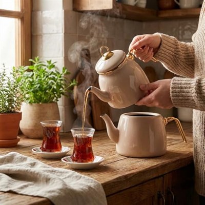 Deconox İçten Kaplamalı Emaye Çaydanlık Takımı - Gold Detaylı Nostaljik Alt Üst Çay Seti (1.2 Litre + 2 Litre) - 3 Renk Seçeneği (BEJ)