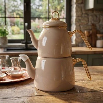 Deconox İçten Kaplamalı Emaye Çaydanlık Takımı - Gold Detaylı Nostaljik Alt Üst Çay Seti (1.2 Litre + 2 Litre) - 3 Renk Seçeneği (BEJ)