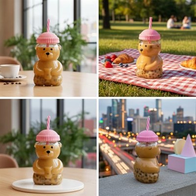 Deconox Sevimli Ayıcık Figürlü Borosilikat Cam Bardak 580 ml - Silikon Kapaklı ve Pipetli Lüx Barista Soğuk İçecek Bardağı (PEMBE)