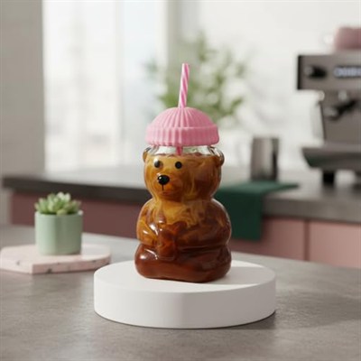 Deconox Sevimli Ayıcık Figürlü Borosilikat Cam Bardak 580 ml - Silikon Kapaklı ve Pipetli Lüx Barista Soğuk İçecek Bardağı (PEMBE)