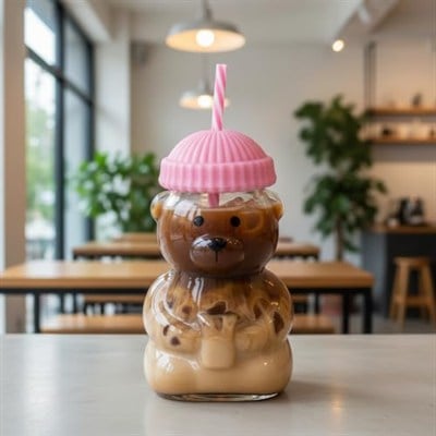 Deconox Sevimli Ayıcık Figürlü Borosilikat Cam Bardak 580 ml - Silikon Kapaklı ve Pipetli Lüx Barista Soğuk İçecek Bardağı (PEMBE)