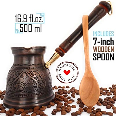 DEDE Copper - IST Serisi (XLarge-16,9 floz)-Kalın Katı Bakır Oymalı Türk Yunan Arap Kahve Demliği, Ahşap Saplı Ocak Üstü Kahve Makinesi Cezve, Jezve, Jazz Cazzve, Ibrik, Briki (Antik)