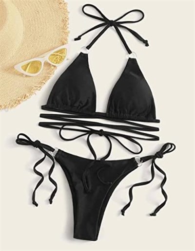 DEEP BEACH İp ve halka detaylı bikini takım SİYAH 34