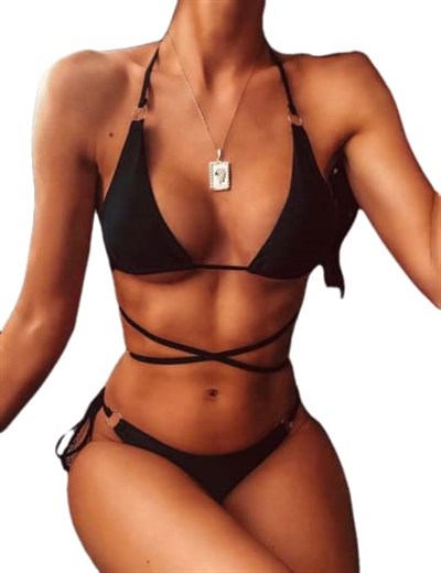 DEEP BEACH İp ve halka detaylı bikini takım SİYAH 40